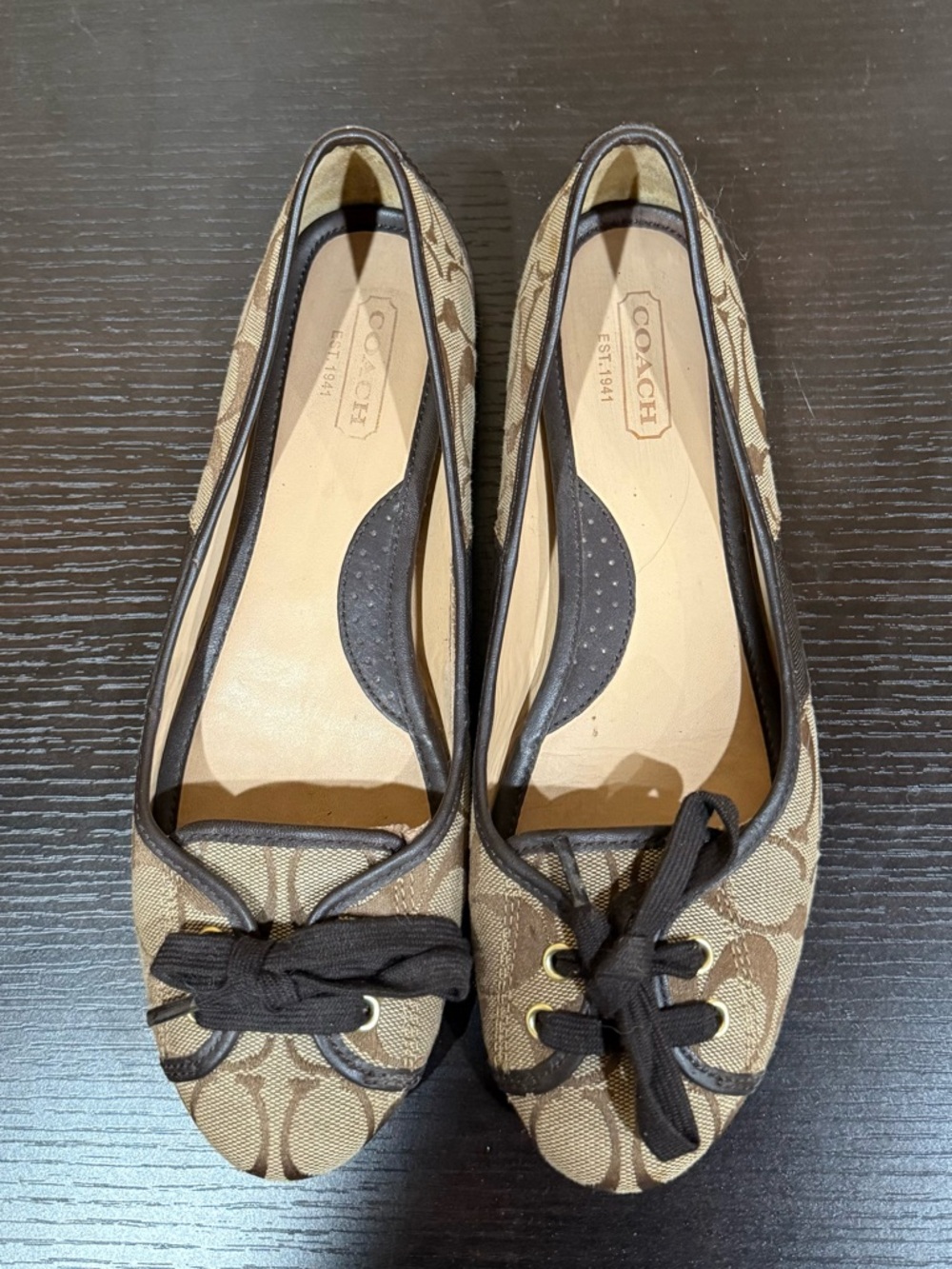 Coach Brown Signature Canvas Bow-Accent Ballet Flats